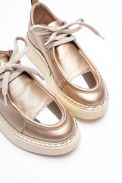 Kadın Deri Sneaker Spor Ayakkabı Gold Detaylı Bağcıklı Gold Vina