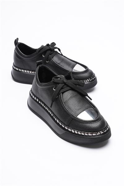 Kadın Deri Sneaker Spor Ayakkabı Platin Detaylı Bağcıklı Siyah Vina