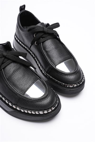 Kadın Deri Sneaker Spor Ayakkabı Platin Detaylı Bağcıklı Siyah Vina
