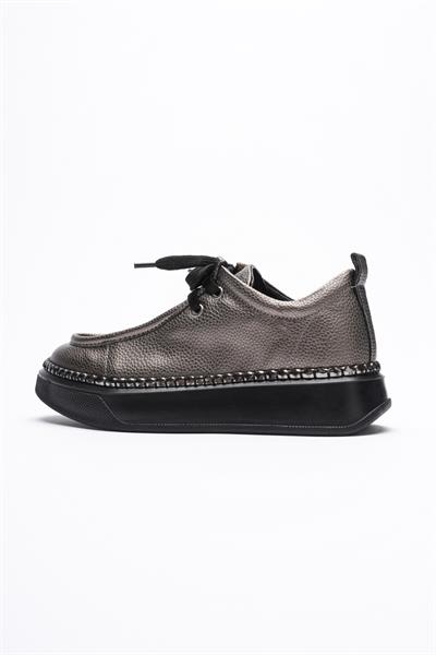 Kadın Deri Sneaker Spor Ayakkabı Platin Detaylı Bağcıklı Platin Vina