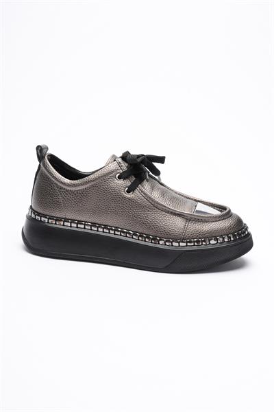 Kadın Deri Sneaker Spor Ayakkabı Platin Detaylı Bağcıklı Platin Vina