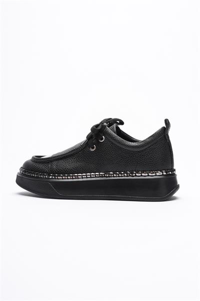 Kadın Deri Sneaker Spor Ayakkabı Platin Detaylı Bağcıklı Siyah Vina