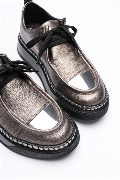 Kadın Deri Sneaker Spor Ayakkabı Platin Detaylı Bağcıklı Platin Vina