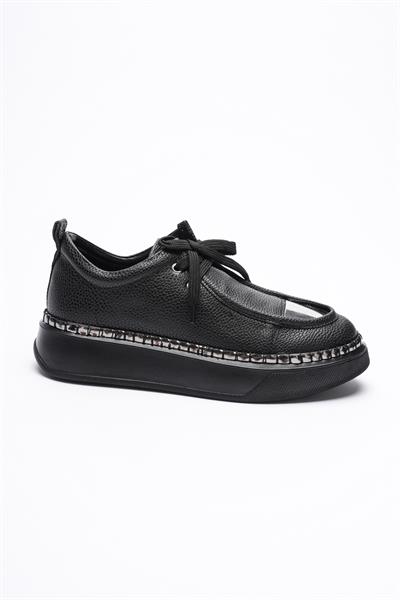 Kadın Deri Sneaker Spor Ayakkabı Platin Detaylı Bağcıklı Siyah Vina