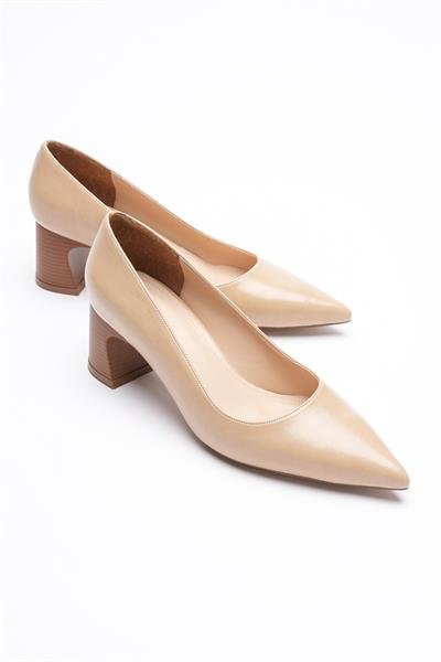 Kadın Deri Topuklu Ayakkabı 5.5 cm Sivri Burunlu Bej Ardina