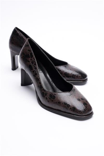 Kadın Deri Topuklu Ayakkabı 6.5 cm Kahve Benekli Marbina