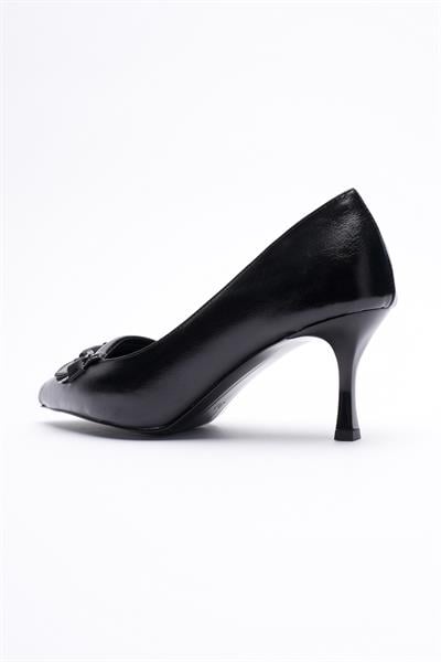 Kadın Deri Topuklu Ayakkabı 6.5 cm Sivri Burunlu  Taş Detaylı Siyah Meriva