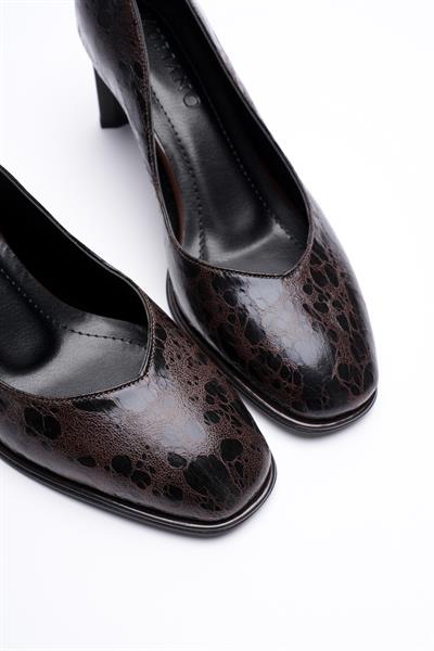 Kadın Deri Topuklu Ayakkabı 6.5 cm Kahve Benekli Marbina