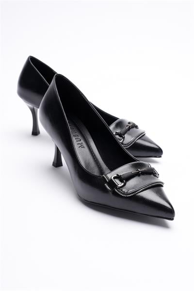 Kadın Deri Topuklu Ayakkabı 6.5 cm Sivri Burunlu  Taş Detaylı Siyah Meriva