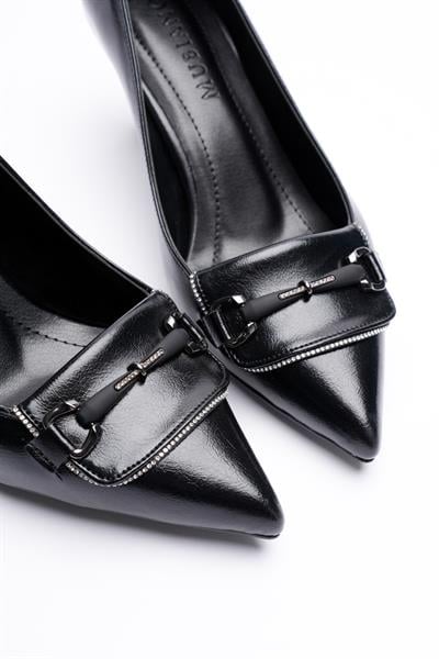 Kadın Deri Topuklu Ayakkabı 6.5 cm Sivri Burunlu  Taş Detaylı Siyah Meriva