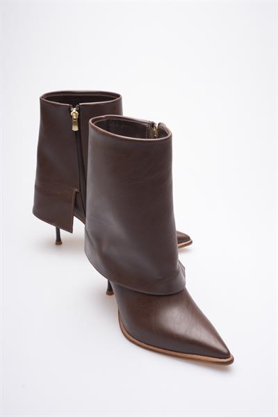 Kadın Deri Topuklu Bot Fermuarlı Kahve Lunessa