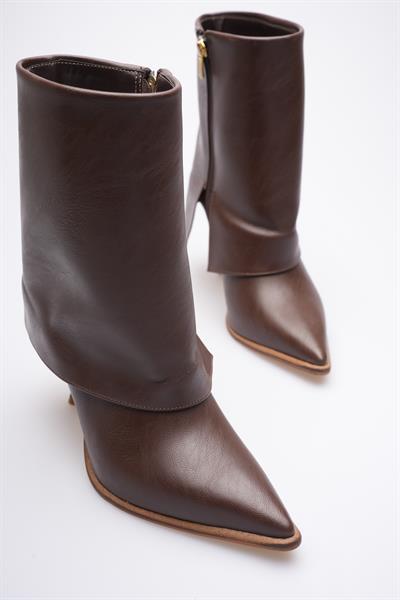 Kadın Deri Topuklu Bot Fermuarlı Kahve Lunessa