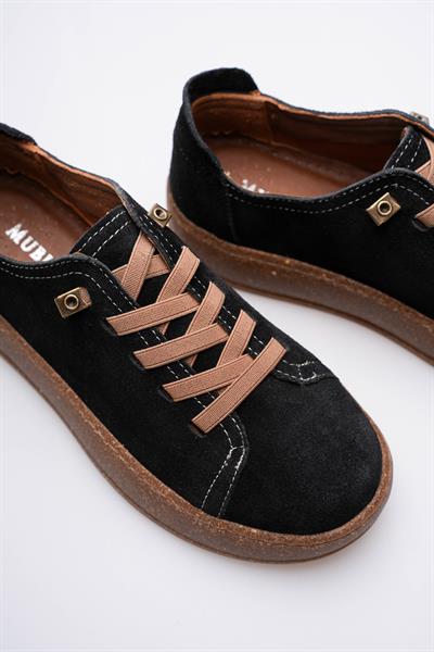 Kadın Hakiki Süet Sneaker Comfort Tabanlı Lastik Bağcıklı Günlük Ayakkabı Siyah Navel