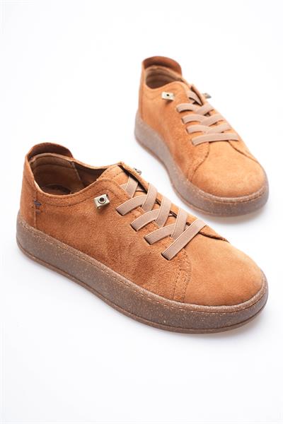 Kadın Hakiki Süet Sneaker Comfort Tabanlı Lastik Bağcıklı Günlük Ayakkabı Taba Navel