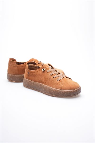 Kadın Hakiki Süet Sneaker Comfort Tabanlı Lastik Bağcıklı Günlük Ayakkabı Taba Navel