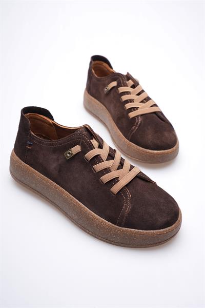 Kadın Hakiki Süet Sneaker Comfort Tabanlı Lastik Bağcıklı Günlük Ayakkabı Kahve Navel