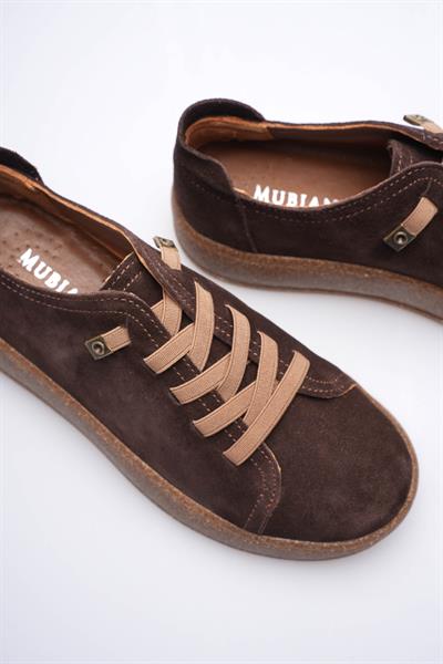 Kadın Hakiki Süet Sneaker Comfort Tabanlı Lastik Bağcıklı Günlük Ayakkabı Kahve Navel