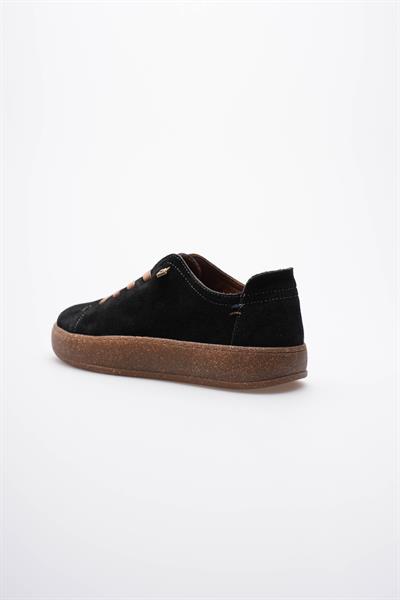 Kadın Hakiki Süet Sneaker Comfort Tabanlı Lastik Bağcıklı Günlük Ayakkabı Siyah Navel