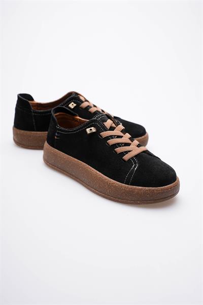 Kadın Hakiki Süet Sneaker Comfort Tabanlı Lastik Bağcıklı Günlük Ayakkabı Siyah Navel