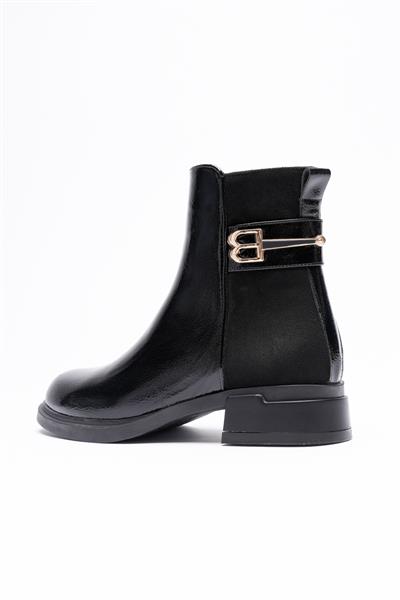 Kadın Kırışık Rugan  Bot Fermuarlı Gold Detaylı Siyah Beloria