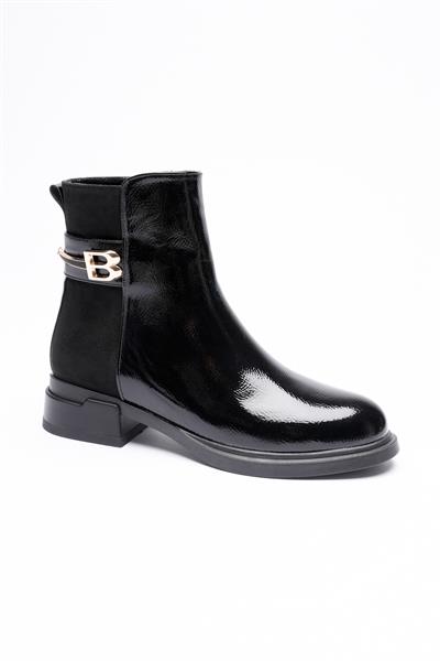 Kadın Kırışık Rugan  Bot Fermuarlı Gold Detaylı Siyah Beloria