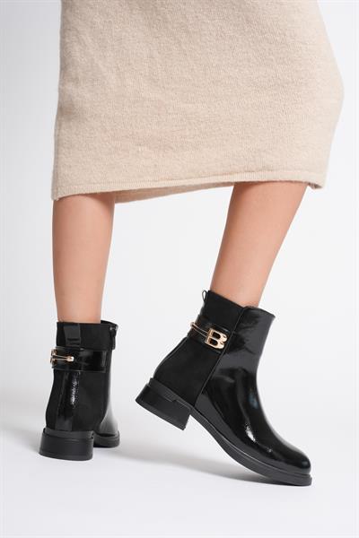 Kadın Kırışık Rugan  Bot Fermuarlı Gold Detaylı Siyah Beloria