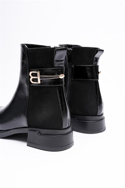 Kadın Kırışık Rugan  Bot Fermuarlı Gold Detaylı Siyah Beloria