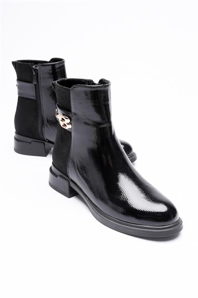 Kadın Kırışık Rugan  Bot Fermuarlı Gold Detaylı Siyah Beloria