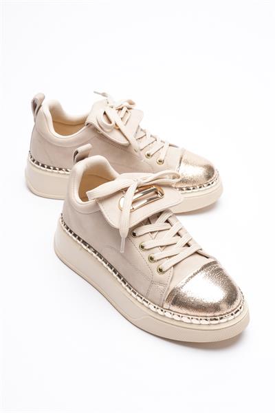 Kadın Nubuk Sneaker Spor Ayakkabı Gold Detaylı Bej Glorina