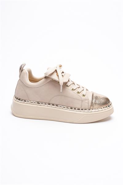 Kadın Nubuk Sneaker Spor Ayakkabı Gold Detaylı Bej Glorina