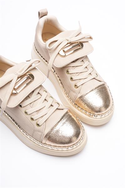Kadın Nubuk Sneaker Spor Ayakkabı Gold Detaylı Bej Glorina