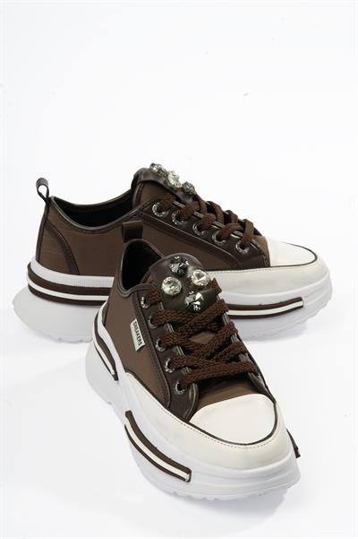 Kadın Paraşüt Sneaker Taş Detaylı Kalın Tabanlı Kahve Zeyra