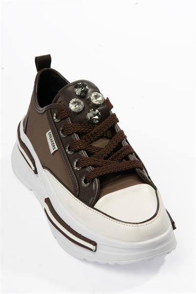 Kadın Paraşüt Sneaker Taş Detaylı Kalın Tabanlı Kahve Zeyra