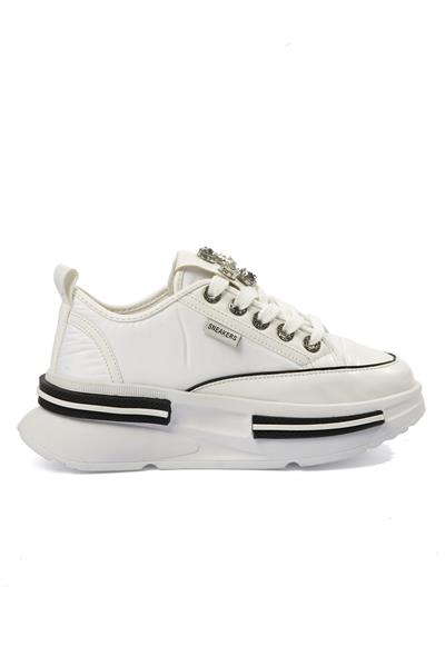 Kadın Paraşüt Sneaker Taş Detaylı Kalın Tabanlı Beyaz Zeyra
