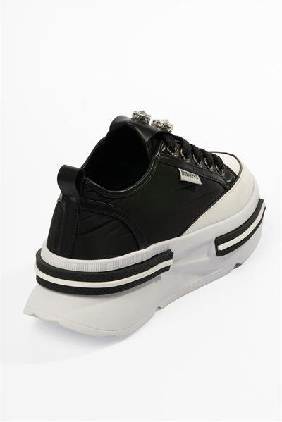 Kadın Paraşüt Sneaker Taş Detaylı Kalın Tabanlı Siyah Zeyra