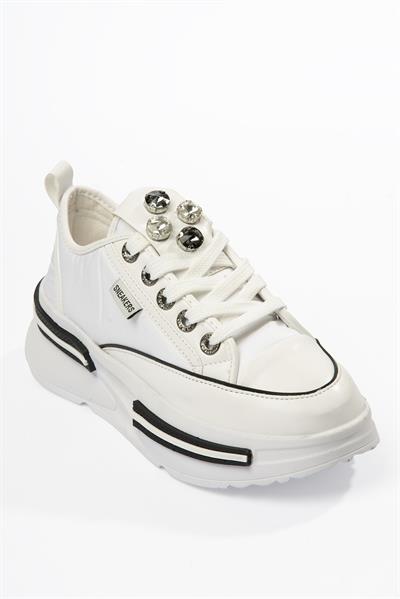 Kadın Paraşüt Sneaker Taş Detaylı Kalın Tabanlı Beyaz Zeyra