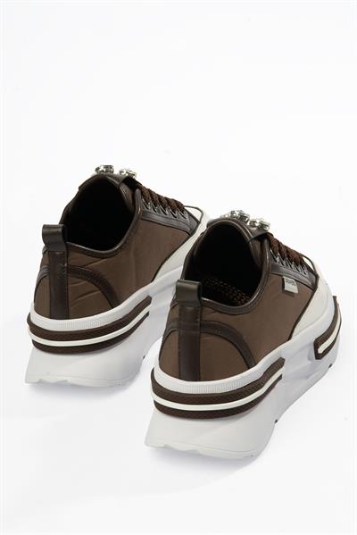 Kadın Paraşüt Sneaker Taş Detaylı Kalın Tabanlı Kahve Zeyra