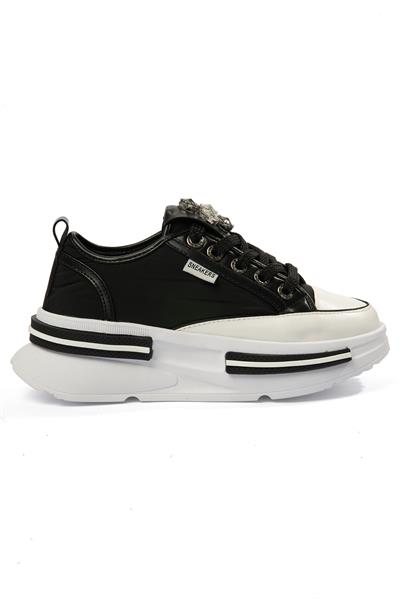 Kadın Paraşüt Sneaker Taş Detaylı Kalın Tabanlı Siyah Zeyra