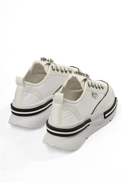 Kadın Paraşüt Sneaker Taş Detaylı Kalın Tabanlı Beyaz Zeyra