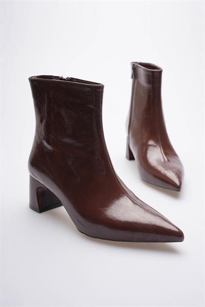 Kadın Rugan Bot Sivri Burunlu Topuklu fermuarlı Kahve LİZA