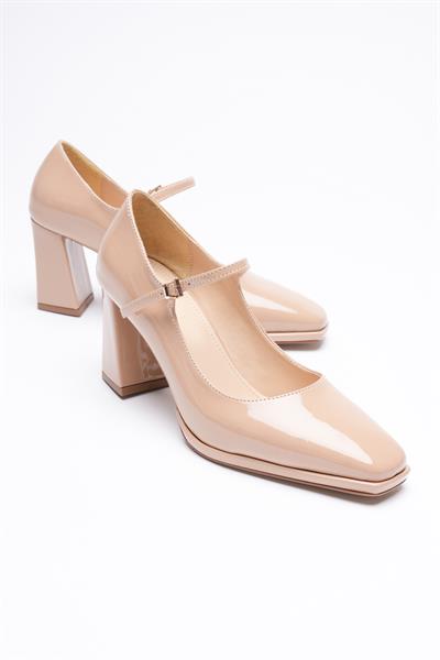 Kadın Rugan Deri Kalın Topuklu 7.5 cm Platformlu Bej Orliva