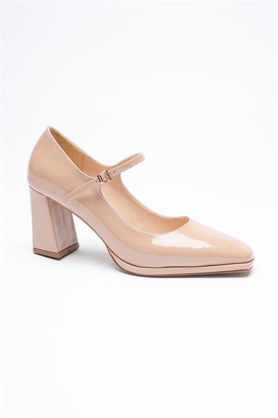 Kadın Rugan Deri Kalın Topuklu 7.5 cm Platformlu Bej Orliva