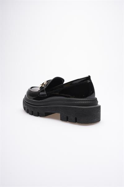 Kadın Rugan Loafer Oxford Kalın Comfort Tabanlı  Toka Detaylı Siyah Auren