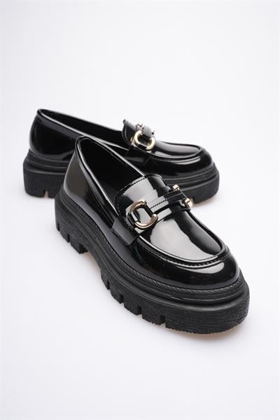 Kadın Rugan Loafer Oxford Kalın Comfort Tabanlı  Toka Detaylı Siyah Auren