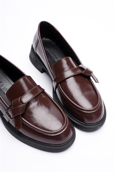 Kadın Rugan Loafer Platin Tokalı Kahve Elor