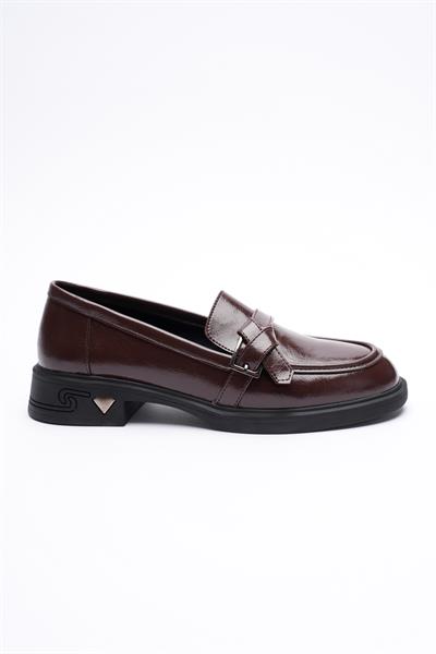 Kadın Rugan Loafer Platin Tokalı Kahve Elor