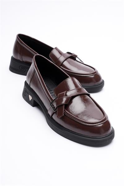 Kadın Rugan Loafer Platin Tokalı Kahve Elor