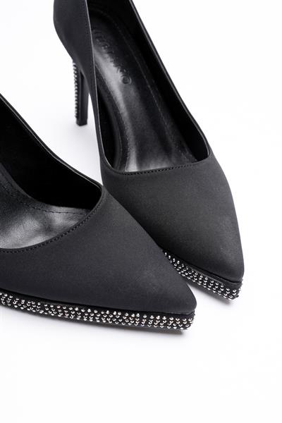 Kadın Saten Yüksek Topuklu 9 cm Taş Detaylı Platformlu Siyah Veloria
