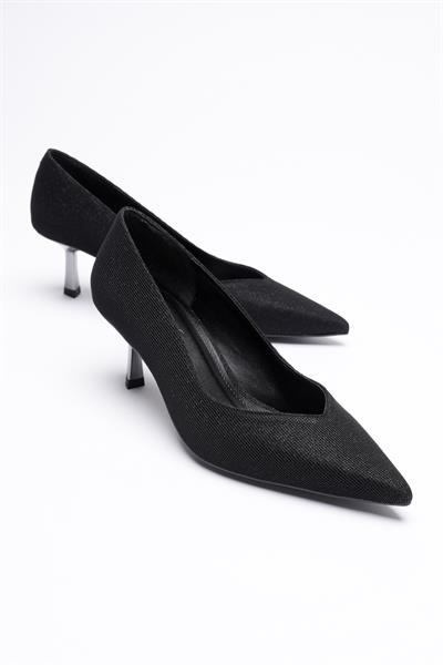 Kadın Siyah Sim Galvaniz Topuklu Ayakkabı 6 cm Sivri Burunlu Kiera