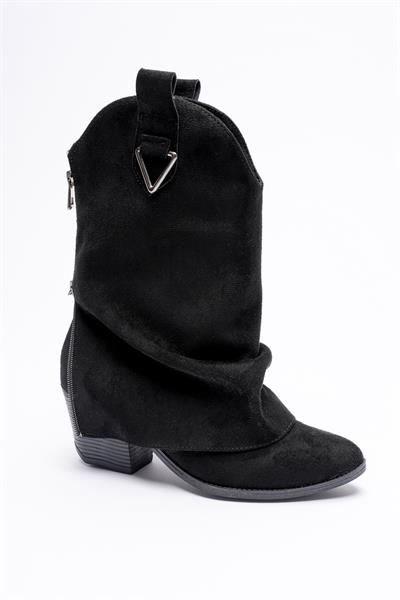 Kadın Siyah Süet Körüklü Uzun Bot Fermuar Detaylı Metal Aksesuarlı Kalın Topuklu 6.5 cm Maloria